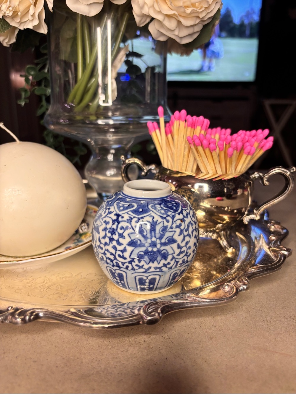 Vintage Chinese Blue & White Porcelain Mini Ginger Jar Bud Vase Floral 3”